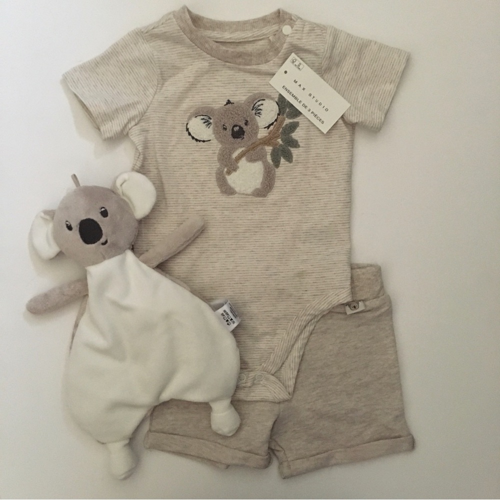 Baby (6-9M) Bodysuit, Shorts, Koala Bear Lovey Soft Baby Toy Set NEW Max Studio